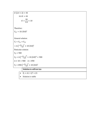 [ . + ] =
. =
=
.
=
Therefore:
,� = . .
General solution:
= ,� + ,�
= Α (− ⁄ ) + .
Particular solution
=
= Α (− ⁄ ) + . =
Α + = Α =
Yt = (− ⁄ )
t
+ .
Solution to self-test ten
 Pt = A − t
+
 Solution is stable
 