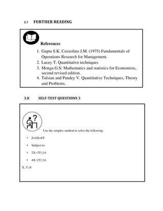 Use the simplex method to solve the following:
• Z=6X+8Y
• Subject to:
• 2X+3Y≤16
• 4X+2Y≤16
X, Y≥0
References
1. Gupta S.K. Cozzolino J.M. (1975) Fundamentals of
Operations Research for Management.
2. Lucey T. Quantitative techniques
3. Monga G.S: Mathematics and statistics for Economists,
second revised edition.
4. Tulsian and Pandey V. Quantitative Techniques, Theory
and Problems.
3.7 FURTHER READING
3.8 SELF-TEST QUESTIONS 3
 