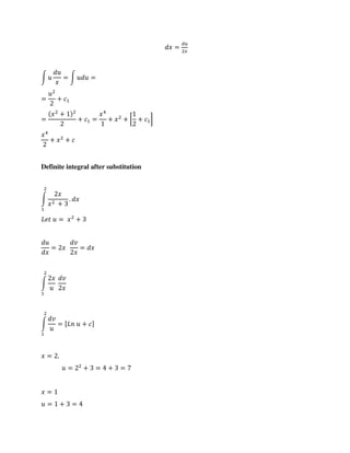 =
∫ = ∫ =
= +
=
+
+ = + + [ + ]
+ +
Definite integral after substitution
∫
+
.
= +
= =
∫
∫ = [ + ]
= .
= + = + =
=
= + =
 