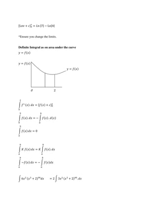 [Lnv + ] = | | − Ln| |
*Ensure you change the limits.
Definite Integral as on area under the curve
=
=
=
0
∫ . = [ + ]
∫ . = − ∫ .
∫ =
∫ = ∫ .
∫ − = − ∫
∫ + = ∫ + .
 