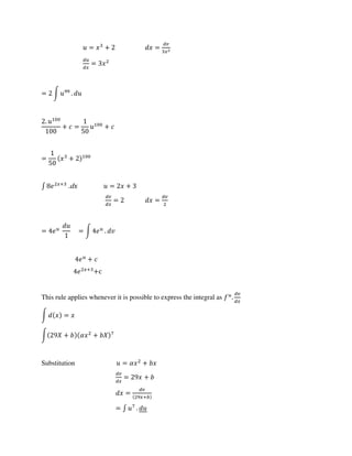 = + =
=
= ∫ .
.
+ = +
= +
∫ +
.dx = +
= =
= = ∫ .
+
+
+c
This rule applies whenever it is possible to express the integral as .
∫ =
∫ + � +
Substitution = � +
= +
= +
= ∫ .
 