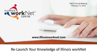 Re-Launch Your Knowledge of Illinois workNet
www.illinoisworknet.com
1
E&ES Annual Meeting
February 15, 2016
 