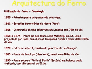 Utilização do ferro - Cronologia 1855  – Primeira ponte de grande vão com vigas. 1862  – Estações ferroviárias do Norte (Paris) 1866  – Construção de uma cobertura em Londres com 78m de vão. 1868 a 1874  – Ponte em aço sobre o Rio Mississipi em St. Louis, projectada por Eads, com 3 arcos treliçados, tendo o maior deles 159m de vão. 1879  – Edifício Leiter I, construído pela “Escola de Chicago”. 1883  – Ponte de Brooklyn (New York), pensil com 487m de vão. 1890  – Ponte sobre o “Firth of Forth” (Escócia) em balanço duplo treliçado, com vão central de 521m. Arquitectura do Ferro 