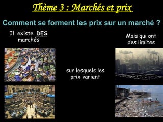 Thème 3 : Marchés et prix
Comment se forment les prix sur un marché ?
 Il existe DES                      Mais qui ont
    marchés                         des limites




                 sur lesquels les
                   prix varient
 