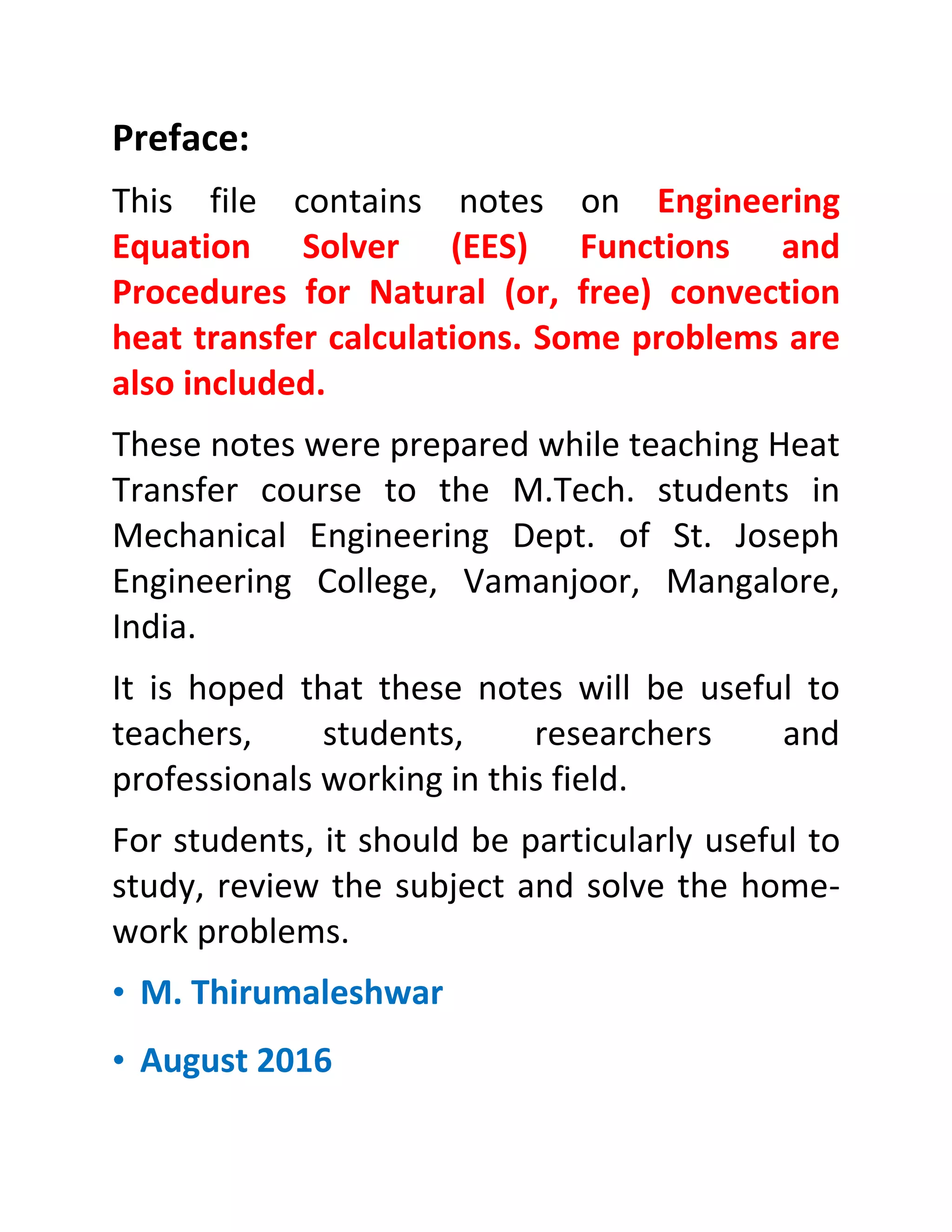 EES Functions and Procedures for Natural convection heat transfer | PDF