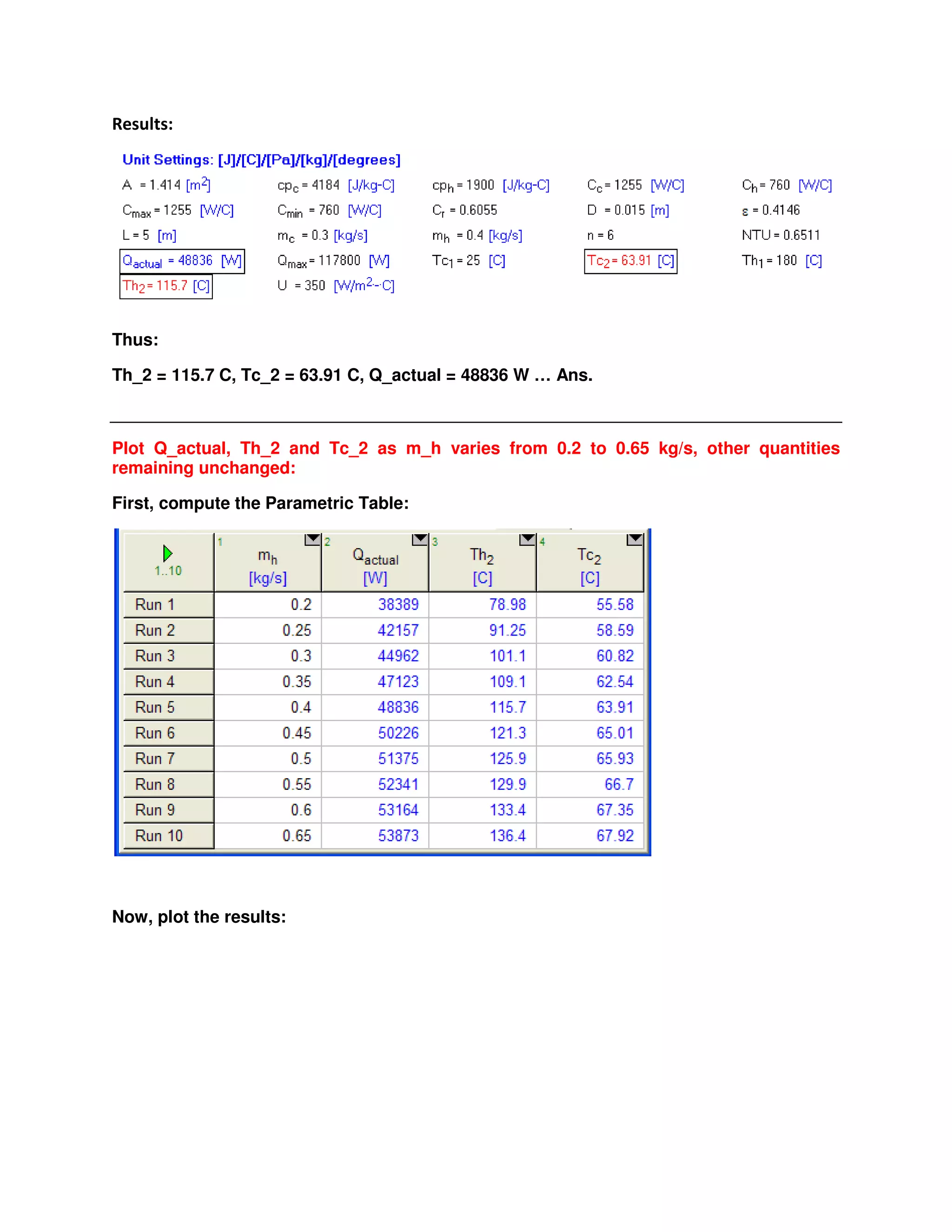 * "
Thus:
Th_2 = 115.7 C, Tc_2 = 63.91 C, Q_actual = 48836 W … Ans.
Plot Q_actual, Th_2 and Tc_2 as m_h varies from 0.2 to 0.65 kg/s, other quantities
remaining unchanged:
First, compute the Parametric Table:
Now, plot the results:
 