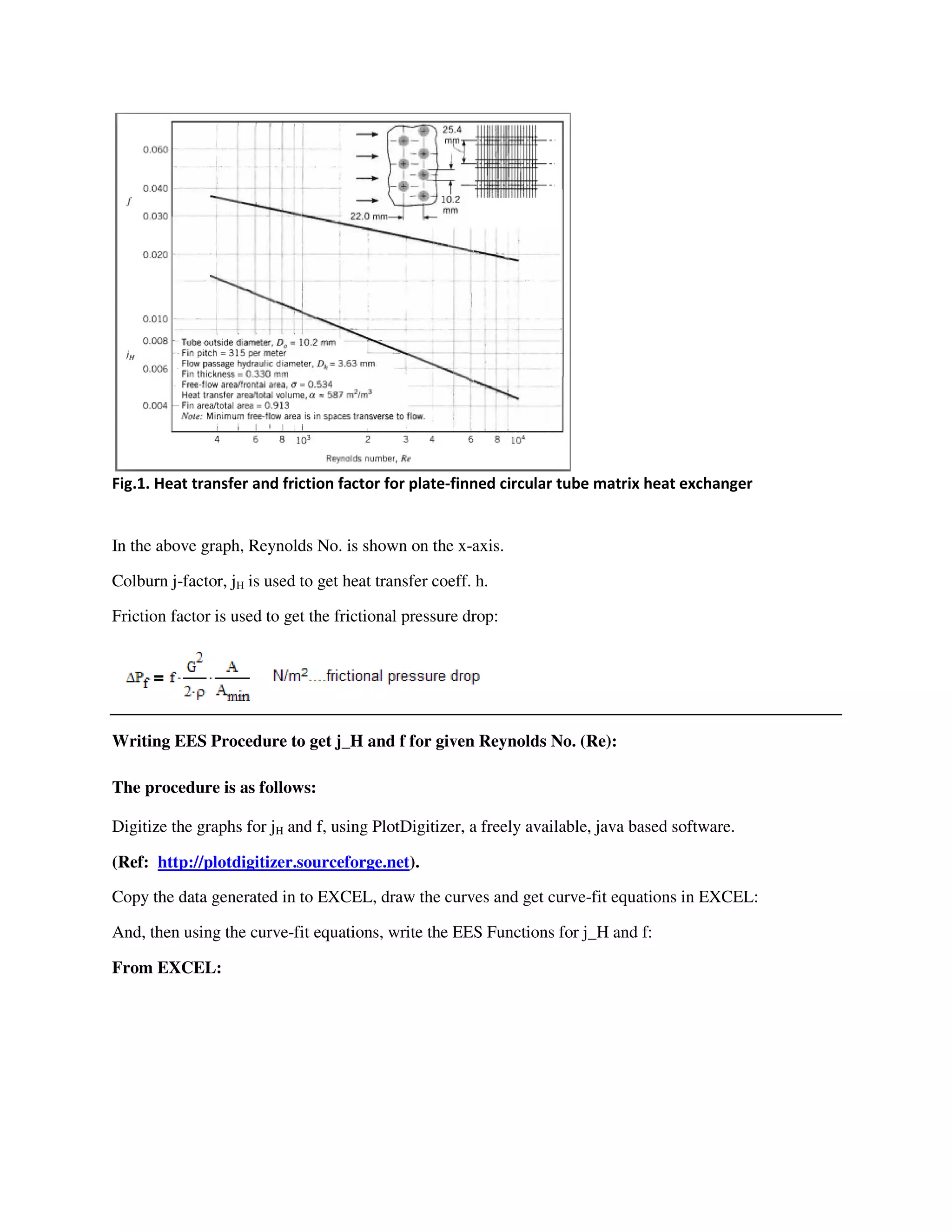( # $ 4 #
In the above graph, Reynolds No. is shown on the x-axis.
Colburn j-factor, jH is used to get heat transfer coeff. h.
Friction factor is used to get the frictional pressure drop:
Writing EES Procedure to get j_H and f for given Reynolds No. (Re):
The procedure is as follows:
Digitize the graphs for jH and f, using PlotDigitizer, a freely available, java based software.
(Ref: http://plotdigitizer.sourceforge.net).
Copy the data generated in to EXCEL, draw the curves and get curve-fit equations in EXCEL:
And, then using the curve-fit equations, write the EES Functions for j_H and f:
From EXCEL:
 