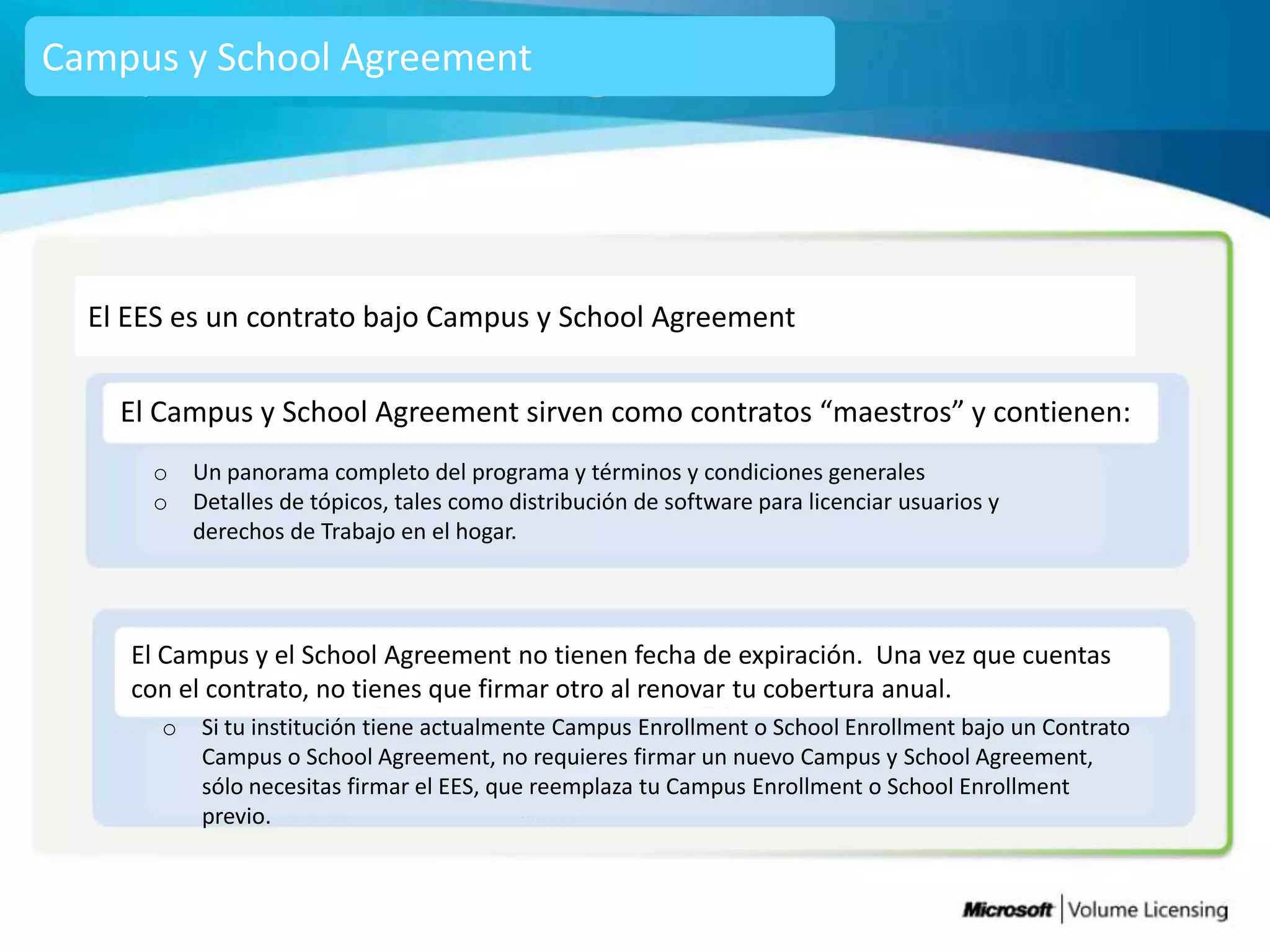 Campus y School Agreement




  El EES es un contrato bajo Campus y School Agreement

    El Campus y School Agreement sirven como contratos “maestros” y contienen:
      o    Un panorama completo del programa y términos y condiciones generales
      o    Detalles de tópicos, tales como distribución de software para licenciar usuarios y
           derechos de Trabajo en el hogar.




     El Campus y el School Agreement no tienen fecha de expiración. Una vez que cuentas
     con el contrato, no tienes que firmar otro al renovar tu cobertura anual.
       o   Si tu institución tiene actualmente Campus Enrollment o School Enrollment bajo un Contrato
           Campus o School Agreement, no requieres firmar un nuevo Campus y School Agreement,
           sólo necesitas firmar el EES, que reemplaza tu Campus Enrollment o School Enrollment
           previo.
 