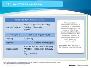 EES Incluye Software Assurance




             Beneficios de Software Assurance
                                                                    “Nuestro contrato de
                       Versiones de nuevos Productos          licenciamiento por volumen de
                                                                Microsoft es un componente
  Nuevos Productos     Windows 7 Enterprise                   clave de nuestra estratégia para
                       MDOP                                      proveer servicios de valor
                                                               consolidados, a bajo costo, de
                                                              alto valor para facultar al staff y
       Deployment          Home Use Program (HUP)                estudiantes… Simplifica la
                                                              administración, reduce costos y
  Training             E-Learning                                   mejora la seguridad y
                                                                      administración.”
  Soporte                           Extended Hotfix Support
                       Cold Backups for Disaster Recovery
  Especializados       Windows Fundamentals for Legacy
                       PCs
                       Pagos Diferidos
 
