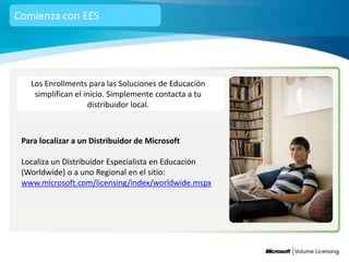 Comienza con EES




   Los Enrollments para las Soluciones de Educación
    simplifican el inicio. Simplemente contacta a tu
                    distribuidor local.



 Para localizar a un Distribuidor de Microsoft

 Localiza un Distribuidor Especialista en Educación
 (Worldwide) o a uno Regional en el sitio:
 www.microsoft.com/licensing/index/worldwide.mspx
 