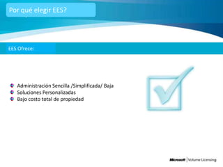 Por qué elegir EES?




EES Ofrece:




   Administración Sencilla /Simplificada/ Baja
   Soluciones Personalizadas
   Bajo costo total de propiedad
 