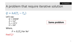 A problem that require iterative solution
𝑄 = ℎ𝐴 𝑇𝑠 − 𝑇𝑎
Let’s say:
𝑄 = 2000𝑊
𝐴 = 1𝑚2
𝑇𝑎 = 25°𝐶
ℎ = 10𝑃
Where,
𝑃 = 𝑃𝑟 𝑇𝑠 for ‘Air’
Find 𝑇𝑠?
14
Same problem
AUTOMATED
 
