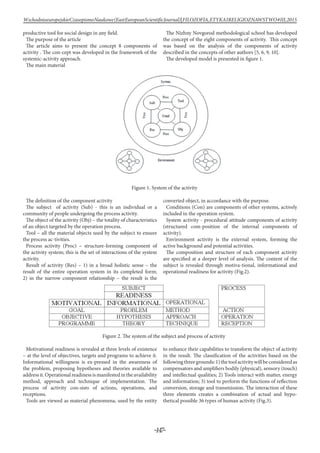 -147-
WschodnioeuropejskieCzasopismoNaukowe(EastEuropeanScientificJournal)|FILOZOFIA,ETYKAIRELIGIOZNAWSTWO#IІІ,2015
productive tool for social design in any field.
The purpose of the article
The article aims to present the concept 8 components of
activity . The con-cept was developed in the framework of the
systemic-activity approach.
The main material
The Nizhny Novgorod methodological school has developed
the concept of the eight components of activity. This concept
was based on the analysis of the components of activity
described in the concepts of other authors [5, 6, 9, 10].
The developed model is presented in figure 1.
Figure 1. System of the activity
The definition of the component activity
The subject of activity (Sub) - this is an individual or a
community of people undergoing the process activity.
The object of the activity (Obj) – the totality of characteristics
of an object targeted by the operation process.
Tool – all the material objects used by the subject to ensure
the process ac-tivities.
Process activity (Proc) – structure-forming component of
the activity system; this is the set of interactions of the system
activity.
Result of activity (Res) – 1) in a broad holistic sense – the
result of the entire operation system in its completed form;
2) in the narrow component relationship – the result is the
converted object, in accordance with the purpose.
Conditions (Con) are components of other systems, actively
included in the operation system.
System activity - procedural attitude components of activity
(structured com-position of the internal components of
activity).
Environment activity is the external system, forming the
active background and potential activities.
The composition and structure of each component activity
are specified at a deeper level of analysis. The content of the
subject is revealed through motiva-tional, informational and
operational readiness for activity (Fig.2).
Figure 2. The system of the subject and process of activity
Motivational readiness is revealed at three levels of existence
– at the level of objectives, targets and programs to achieve it.
Informational willingness is ex-pressed in the awareness of
the problem, proposing hypotheses and theories available to
addressit.Operationalreadinessismanifestedintheavailability
method, approach and technique of implementation. The
process of activity con-sists of actions, operations, and
receptions.
Tools are viewed as material phenomena, used by the entity
to enhance their capabilities to transform the object of activity
in the result. The classification of the activities based on the
followingthreegrounds:1)thetoolactivitywillbeconsideredas
compensators and amplifiers bodily (physical), sensory (touch)
and intellectual qualities; 2) Tools interact with matter, energy
and information; 3) tool to perform the functions of reflection
conversion, storage and transmission. The interaction of these
three elements creates a combination of actual and hypo-
thetical possible 36 types of human activity (Fig.3).
 