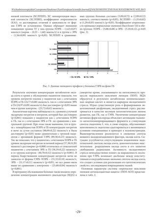 -24-
WschodnioeuropejskieCzasopismoNaukowe(EastEuropeanScientificJournal)|NAUKIMEDYCZNEINAUKIOZDROWIU#IІІ,2015
низкой плотности (ХСЛПНП), ХС липопротеидов высо-
кой плотности (ХСЛПВП), коэффициент атерогенности
(КА)), то достоверных отличий в зависимости от фор-
мы ГЭРБ не установлено. Однако обращает внимание
повышение уровня ТГ у лиц группы НЭРБ – (1,63±0,07)
ммоль/л (норма – (0,55 – 1,60) ммоль/л) и в группе с ЭРБ
– (1,56±0,89) ммоль/л (р>0,05). ХСЛПНП в сравнивае-
мых группах больных составил (3,09±0,72) и (2,99±0,12)
ммоль/л, соответственно (р>0,05), ХСЛПВП – (1,35±0,02)
и (1,29±0,03) ммоль/л (р>0,05). Коэффициент атерогенно-
сти превышал нормальные значения (был более 3,0) в обе-
их группах: НЭРБ – (3,08±0,08) и ЭРБ - (3,10±0,12), р>0,05
(рис. 3).
Рис. 3. Данные липидного профиля у больных ГЭРБ на фоне ГБ
Результаты изучения концентрации метаболитов окси-
да азота в крови у обследуемых пациентов показали, что
уровень нитритов плазмы у пациентов как с сочетанием
НЭРБ и ГБ (24,77±0,08) мкмоль/л, так и с сочетанием ЭРБ
и ГБ (24,97±0,09) мкмоль/л), был достоверно (р>0,05) выше
чем в группе контроля - (23,72±0,65) мкмоль/л.
Аналогичная картина наблюдалась и с уровнем суточной
экскреции нитритов и нитратов, который был достоверно
(р<0,001) повышен у пациентов как с сочетанием НЭРБ
и ГБ, так и с сочетанием ЭРБ и ГБ по сравнению с кон-
трольной группой. При этом также выявлено, что в груп-
пе с коморбидностью НЭРБ и ГБ концентрация нитритов
в моче за сутки составила (88,69±0,22) мкмоль/л и была
достоверно (р<0,05) ниже сравнительно с группой паци-
ентов с эрозивной формой ГЭРБ (89,36±0,23) мкмоль/л.
Так же показано, что у пациентов с сочетанием НЭРБ и ГБ
уровни экскреции нитритов за ночной период (57,38±0,20)
мкмоль/л достоверно (р=0,008) отличались от показателей
пациентов с сочетанием ЭРБ и ГБ (58,19±0,22) мкмоль/л
и от группы контроля (40,70±0,12) мкмоль/л (р<0,001). В
период бодрствования концентрация нитритов мочи не
зависела от формы ГЭРБ: НЭРБ – (31,32±0,10) мкмоль/л,
ЭРБ – (31,17±0,11) мкмоль/л (р>0,05), но все равно выла
выше по сравнению с контролем – (25,68±0,04) мкмоль/л
(р<0,001).
В программу обследования больных также входило опре-
деление концентрации малонового диальдегида (МДА) в
сыворотке крови, указывающего на интенсивность про-
цессов перекисного окисления липидов (ПОЛ). МДА
образуется в результате метаболизма полиненасыщен-
ных жирных кислот и является маркером оксидативного
стресса. Играя существенную роль в формировании эн-
дотелиальной дисфункции, оксидативный стресс рассма-
тривается в качестве весомым патогенетическим звеном
развития, как ГБ, так и ГЭРБ. Увеличение концентрации
активных форм кислорода объясняет активацию тканево-
го ангиотензинпревращающего фермента и стимуляцию
синтеза ендотеина-1, что, в свою очередь, обуславливает
невозможность эндотелия адаптироваться к меняющимся
условиям гемодинамики и приводит к вазоконстрикции.
Вышеперечисленное реализуется в снижении синтеза
мощного вазодилатационного фактора, оксида азота. Си-
туация усугубляется сопутствующим подавлением эндо-
телиальной синтазы оксида азота, дополнительным окис-
лительным разрушением оксида азота и его захватом
свободными радикалами. Активность оксидативного
стресса непосредственно влияет на выраженность воспа-
ления при ГЭРБ, возникает дисбаланс между конститу-
тивным и индуцибельным звеньями синтеза оксида азота,
что создает условия для реализации его цитотоксических
свойств с последующим повреждением тканей.
Основные параметры системы «перекисное окисление
липидов-антиоксидантная защита» (ПОЛ-АОЗ) представ-
лены в табл. 2.
0 1 2 3 4 5 6
ОХ
ХСЛПОНП
ТГ
ХСЛПНП
ХСЛПВП
КА
ГБ+НЭРБ ГБ+ЭРБ
 