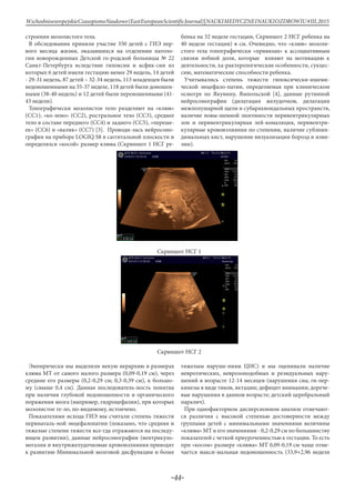 -44-
WschodnioeuropejskieCzasopismoNaukowe(EastEuropeanScientificJournal)|NAUKIMEDYCZNEINAUKIOZDROWIU#IІІ,2015
строения мозолистого тела.
В обследовании приняли участие 350 детей с ГИЭ пер-
вого месяца жизни, оказавшихся на отделении патоло-
гии новорожденных Детской го-родской больницы № 22
Санкт-Петербурга вследствие гипоксии и асфик-сии из
которых 6 детей имели гестацию менее 29 недель, 14 детей
- 29-31 недель, 87 детей – 32-34 недель, 113 младенцев были
недоношенными на 35-37 неделе, 118 детей были доношен-
ными (38-40 недель) и 12 детей были переношенными (41-
43 недели).
Топографически мозолистое тело разделяют на «клюв»
(СС1), «ко-лено» (СС2), ростральное тело (СС3), среднее
тело в составе переднего (СС4) и заднего (СС5), «переше-
ек» (СС6) и «валик» (СС7) [3]. Проводи-лась нейросоно-
графия на приборе LOGIQ S8 в саггитальной плоскости и
определялся «косой» размер клюва (Скриншот 1 НСГ ре-
бенка на 32 неделе гестации, Скриншот 2 НСГ ребенка на
40 неделе гестации) в см. Очевидно, что «клюв» мозоли-
стого тела топографически «привязан» к ассоциативным
связям лобной доли, которые влияют на мотивацию к
деятельности, ха-рактерологические особенности, сукцес-
сию, математические способности ребенка.
Учитывались степень тяжести гипоксически-ишеми-
ческой энцефало-патии, определяемая при клиническом
осмотре по Якунину, Ямпольской [4], данные рутинной
нейросонографии (дилатация желудочков, дилатация
межполушарной щели и субарахноидальных пространств,
наличие повы-шенной эхогенности перивентрикулярных
зон и перивентрикулярная лей-комаляция, перивентри-
кулярные кровоизлияния по степеням, наличие субэпин-
димальных кист, нарушение визуализации борозд и изви-
лин).
Скриншот НСГ 1
Скриншот НСГ 2
Эмпирически мы выделили некую иерархию в размерах
клюва МТ от самого малого размера (0,09-0,19 см), через
средние его размеры (0,2-0,29 см; 0,3-0,39 см), к большо-
му (свыше 0,4 см). Данная последователь-ность понятна
при наличии глубокой недоношенности и органического
поражения мозга (например, гидроцефалия), при которых
мозолистое те-ло, по-видимому, истончено.
Показателями исхода ГИЭ мы считали степень тяжести
перинаталь-ной энцефалопатии (показано, что средняя и
тяжелые степени тяжести все-гда отражаются на последу-
ющем развитии), данные нейросонографии (вентрикуло-
мегалия и внутрижелудочковые кровоизлияния приводят
к развитию Минимальной мозговой дисфункции и более
тяжелым наруше-ниям ЦНС) и мы оценивали наличие
невротических, неврозоподобных и резидуальных нару-
шений в возрасте 12-14 месяцев (нарушения сна; ги-пер-
кинезы в виде тиков, яктации; дефицит внимания; дорече-
вые нарушения в данном возрасте; детский церебральный
паралич).
При однофакторном дисперсионном анализе отмечают-
ся различия с высокой степенью достоверности между
группами детей с минимальными значениями величины
«клюва» МТ и его значениями - 0,2-0,29 см по большинству
показателей с четкой приуроченностью к гестации. То есть
при «косом» размере «клюва» МТ 0,09-0,19 см чаще отме-
чается макси-мальная недоношенность (33,9+2,96 неделя
 