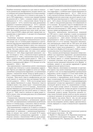 -48-
WschodnioeuropejskieCzasopismoNaukowe(EastEuropeanScientificJournal)|NAUKIMEDYCZNEINAUKIOZDROWIU#IІІ,2015
Подобное положение отмечается и для тяжести гипокси-
чески-ишемической энцефалопатии, которая зависит, как
от особенностей течения беременности (и подготовленно-
сти к ней), так, собственно, и от течения са-мих родов. Тя-
жесть ГИЭ коррелирует с количеством предшествующих
бе-ременностей (r= 0,64); с течением второго триместра
беременности (r= 0,7); с показателями шкалы Апгар во
время родов (r= -0,57); с количеством дней, проведенных
ребенком в отделении реанимации (r= 0,77); с данными
УЗИ мозга после рождения (r= 0,89), с максимально вы-
раженными изме-нениями анатомии мозга при УЗИ (r=
0,78). Достоверные различия полу-чены также для пока-
зателя тяжести ПЭП и сферы действий с предметами, вза-
имодействия со взрослыми в 6 месяцев теста Баженовой
(r= -0,73; r= -0,79).
Отмеченная тенденция зависимости результирующих
показателей как от акушерско-гинекологического состоя-
ния матери, так и от течения родов сохраняется и для по-
казателя максимально выраженных изменений анато-мии
мозга при УЗИ. Новыми являются связи этого показателя
для детей в 36-37 недель гестации с семейным положением
матери. Чем чаще женщина состоит в гражданском браке
или воспитывает ребенка одна, тем хуже у него данные
УЗИ мозга (r= 0,61). Иные корреляции показателя: с воз-
рас-том матери (r= 0,72), с токсикозом второго триместра
беременности (r= 0,96), с показателями шкалы Апгар (r=
0,64), с количеством дней в реани-мации (r= 0,69), я тя-
жестью ПЭП (r= 0,79), с баллами сферы движений в 2-3,5
месяца и эмоциональной сферы в 8-12 месяцев теста Ба-
женовой (r= -0,94; r= -0,6).
Для переношенных и доношенных детей в лонгитюдном
исследова-нии отмечается в целом уменьшение корреля-
ций. Причем для нейросоно-графии их почти нет. Невро-
зоподобные и резидуальные нарушения у пе-реношенных
связаны с показателем шкалы Апгар во время родов (r=
0,61), с показателями ряда шкал теста Баженовой в 2-3 и
6 месяцев. Пока-затель тяжести энцефалопатии для этих
детей зависит от количества пред-шествующих беремен-
ностей и родов (r= -0,58; r= - 0,58), то есть матери имели
чаще первую беременность и роды. Показатель тяжести
энцефало-патии у них связан также с показателями ряда
шкал теста Баженовой в 6 и 8-12 месяцев. Аналогичная
картина наблюдается у доношенных детей. Показатель тя-
жести энцефалопатии для этих детей зависит от тяжести
ро-дов (r= 0,64), тяжести гипоксии во время родов (r=
0,56) и связан с пока-зателями ряда шкал теста Баженовой
в 2,6 и 8-12 месяцев.
Следовательно, показатели исхода при лонгитюдном ис-
следовании (неврозоподобные и резидуальные наруше-
ния, ГИЭ) для переношенных и доношенных детей больше
зависят от течения родов, а показатель тяжести анатоми-
ческих изменений на УЗИ мозга для них не работает.
Для недоношенных в возрасте до 33 недель и в возрасте
34-35 недель гестации отмечается увеличение количества
корреляций по сравнению с доношенными/переношен-
ными, но меньше, чем у детей с гестацией 36-37 недель.
Неврозоподобные и резидуальные нарушения у самых
незрелых связаны с показателями УЗИ как после рожде-
ния, так и максимальными изменениями на УЗИ (r= 0,51;
r= 0,66). У детей с гестацией 34-35 недель тот же показа-
тель коррелирует с особенностями течения беременности
в первом и втором триместрах (r= -0,7; r= - 0,64), то есть
у них отмечается больше токсикозов. Показатель тяжести
энцефалопатии для самых незре-лых детей зависит от дан-
ных УЗИ мозга максимальных (r= 0,91), от воз-раста мате-
ри (r= - 0,67), связан с баллами теста Журбы при рождении
(r= 0,86) и с показателями ряда шкал теста Баженовой в 6
и 8-12 месяцев. По-казатель тяжести энцефалопатии для
детей с гестацией 34-35 недель также зависит от данных
УЗИ мозга максимальных (r= 0,69), связан с токсикоза-ми
третьего триместра беременности (r= - 0,68).
Показатель максимальных анатомических изменений
на УЗИ мозга у самых незрелых в нашем исследовании
детей зависит от баллов шкалы Апгар через 5 минут по-
сле рождения (r= - 0,62), связан с баллами теста Журбы
при рождении (r= 0,96) и с показателями ряда шкал теста
Бажено-вой в 6 и 8-12 месяцев. Показатель максималь-
ных анатомических измене-ний на УЗИ мозга для детей
с гестацией 34-35 недель также зависит от бал-лов шкалы
Апгар через 5 минут после рождения (r= - 0,64), связан с
бал-лами теста Журбы в 4,5-6 месяцев (r= 0,64), и с показа-
телями ряда шкал теста Баженовой в 6 месяцев.
Итак, искомые результирующие показатели (неврозопо-
добные и ре-зидуальные нарушения) для недоношенных
в возрасте до 33 недель и в возрасте 34-35 недель геста-
ции больше зависят от течения беременности, связаны
с наличием угнетения после родов, его длительностью,
патологи-ческих движений (показатели теста Журбы) и,
особенно, зависят от сосу-дистых нарушений и уровня
морфологической зрелости мозга.
Таким образом, лонгитюдное исследование на протяже-
нии первого года жизни младенцев, в целом подтвержда-
ет данные о том, что на неврозоподобные и резидуальные
нарушения у детей в возрасте 12-14 ме-сяцев влияют как
особенности течения беременности, так и родов. Для
до-ношенных и переношенных детей большее значение
имеет течение родов. Для недоношенных в возрасте до 33
недель и в возрасте 34-35 недель ге-стации решающая роль
принадлежит сосудистым нарушениям и уровню морфо-
логической зрелости мозга. А у недоношенных в возрас-
те 36-37 недель исходы зависят от большего количества
факторов, кроме перечис-ленных для других гестационых
групп, в том числе и от показателей каче-ства брачных
отношений, возраста матери. Результаты срезового ис-
следо-вания большой группы детей до месяца находятся
в контексте меньшего по количеству детей исследования
детей первого года жизни. Вместе тем, «ко-сой» размер
клюва мозолистого тела органично «включается» в дан-
ную систему координат, являясь, наряду с другими показа-
телями, маркером ге-стации и гипоксического поражения
мозга.
Список литературы:
1. Баженова О. В. Диагностика психического развития
детей первого года жизни. – М., 1986.
2. Журба Л. Т., Мастюкова Е. М. Нарушения психомотор-
ного развития у детей первого года жизни. - М.: 1981.
3. Краснощекова Е.И., Торонова Н.О., Зыкин П.А., Иов-
 