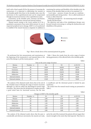 -7-
WschodnioeuropejskieCzasopismoNaukowe (EastEuropeanScientificJournal)| NAUKIMEDYCZNEINAUKIOZDROWIU #I,2015
itself, with a fixed scapula [8].For the purpose of assessing the
contractures, it is important to differentiate the motions in
the shoulder girdle from those in the shoulder joint, since the
restrictions in the scapulohumeral joint can be compensated
through increased movements in the scapulothoracic joint;
- Goniometry of the shoulder joint: extension and flexion;
abduction and adduction; external and internal rotation;
- Manual muscle testing in the Lovett method (0-5) for a
quantitative assessment of any motor deficit present. In case of
suspected peripheral nerve damage, MMT is to be performed
to establish if the muscle function is impaired. In addition to
examining the motions and flexibility of the shoulder joint, the
motions of the shoulder blade are also to be examined. [1];
- Local status – presence of pain; the pain arc syndrome -
surmountable pain during motion – the so called syndrome of
Cyriax, is often observed;
- Hand grip strength test – for measuring muscle strength.
Results and discussion:
The objectives and tasks of the rehabilitation therapy were
focused towards overcoming or curbing the dysfunctions and
disabilities of the patients.
Fig.1 Shows a break-down of the examined patients by gender.
We performed the first measurements and examinations at
the beginning of the treatment(х1), and repeated them at the
end of the therapy (х2
)of the twenty patients – n=20.
Table 1 Shows the results from the active range of motion
during goniometry of the affected limb at the shoulder girdle.
Table1
Data on the active range of motion
Motion Number - n Х1 Х2 d=Х2-Х1
Flexion 20 50,60 160,00 100,50
Extension 20 20,00 40,00 20,00
Abduction 20 40,50 140,50 100,00
Adduction 20 10,00 25,00 15,00
Internal rotation 20 35,50 65,50 30,00
External rotation 20 25,00 75,00 50,00
The analysis of the obtained results shows that at the end of
the remedial course of therapy the range of motion increased,
although it is still not within the physiological normal range
of motion. This shows that the therapeutical complex provides
a good initial basis for functional recovery, but the time
is insufficient and the shortened period is limited by pain
syndromes.
The results from the manual muscle testing are presented in
Table 2.
Table2
Changes in ММТ of the shoulder girdle
Motion Number– n Х1 Х2 d=Х2-Х1
Flexion 20 2,00 4,00 2,00
Extension 20 2,00 4,50 2,50
Abduction 20 1,50 3,50 2,00
Adduction 20 2,50 4,50 2,00
Internal rotation 20 3,00 4,50 1,50
External rotation 20 2,00 4,00 2,00
The analysis of the obtained results shows that the pain is
considerable and obstructs movements; the muscles are weak,
and at the end of the treatment the patients did not regain their
muscle strength to the extent they had expected. They have to
 