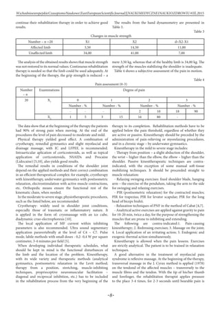 -8-
WschodnioeuropejskieCzasopismoNaukowe(EastEuropeanScientificJournal)|NAUKIMEDYCZNEINAUKIOZDROWIU#IІІ,2015
continue their rehabilitation therapy in order to achieve good
results.
The results from the hand dynamometry are presented in
Table 3.
Table 3
Changes in muscle strength
Number – n =20 Х1 Х2 d=Х2-Х1
Affected limb 3,50 14,50 11,00
Unaffected limb 34,00 41,00 7,00
The analysis of the obtained results shows that muscle strength
was not restored to its normal values. Continuous rehabilitation
therapy is needed so that the limb could be used adequately. At
the beginning of the therapy, the grip strength is reduced – a
mere 3,50 kg, whereas that of the healthy limb is 34,00 kg. The
strength of the muscles stabilizing the shoulder is inadequate.
Table 4 shows a subjective assessment of the pain in motion.
Table 4
Pain assessment (0-3)
Number
– n
Examinations Degree of pain
20 Х1
0 1 2 3
Number - % Number - % Number - % Number - %
- - - - 2 10 18 90
Х2
1 5 3 15 16 80 -
The data show that at the beginning of the therapy the patients
had 90% of strong pain when moving. At the end of the
procedures the level of pain decreased to moderate and mild.
Physical therapy yielded good effect. A combination of
cryotherapy, remedial gymnastics and slight myofascial and
drainage massage, with IC and LFPEF, is recommended.
Intraarticular aplication of corticosteroids, as well as topical
application of corticosteroids, NSAIDs and Procaine
(Lidocaine) [5,10], also yields good results.
The remedial results in conditions of the shoulder joint
depend on the applied methods and their correct combination
in an efficient therapeutical complex: for example, cryotherapy
with kinesitherapy, underwater gymnastics with postisometric
relaxation, electrostimulation with active muscle contractions,
etc. Orthopedic means ensure the functional rest of the
kinematic chain, when needed.
In the moderate to severe stage, physiotherapeutic procedures,
such as the listed below, are recommended:
Cryotherapy- widely used in shoulder joint conditions,
especially those of traumatic or inflammatory nature. It
is applied in the form of: cryomassage with an ice cube,
diadynamic cruo-electrophoresis [10].
The local application of MF current within inhibiting
parameters is also recommended. Ultra sound segmentary
application paravertebrally at the level of C4 – C7. Pulse
mode, labile methods with small doses - 0,2- 0,4 W per square
centimeter, 3-4 minutes per field [5].
When developing individual therapeutic schedules, what
should be kept in mind is the functional disturbances of
the limb and the location of the problem. Kinesitherapy,
with its wide variety and therapeutic methods (analytical
gymnastics, postisometric relaxation in the Levit method,
therapy from a position, stretching, muscle-inhibiting
techniques, proprioceptive neuromuscular facilitation –
diagonal and reciprocal inhibition, etc.) has to be included
in the rehabilitation process from the very beginning of the
therapy to its completion. Rehabilitation methods have to be
applied below the pain threshold, regardless of whether they
are active or passive. Kinesitherapy should be preceded by the
administration of pain-relieving or myorelaxing procedures,
and in a chronic stage – by underwater gymnastics.
Kinesitherapy in the mild to severe stage includes:
- Therapy from position – a slight abduction of the shoulder,
the wrist – higher than the elbow, the elbow – higher than the
shoulder. Passive kinesitherapeutic techniques are contra-
indicated, with the exception of some manual soft-tissue
mobilizing techniques. It should be proceeded straight to
muscle relaxation:
- Relaxing swinging exercises: fixed shoulder blade, hanging
arm – the exercise of the pendulum, taking the arm to the side
for swinging and relaxing exercises.
- PIR (postisometric relaxation) for the contracted muscles;
PIR for trapezius; PIR for levator scapulae; PIR for the long
head of biceps brahii.
- Relaxation techniques of PNF in the method of Cabat [4,7].
- Analytical active exercises are applied against gravity to pain
for 10-20 min, twice a day, for the purpose of strengthening the
muscles that are prone to inhibiting and extending.
The following are contra-indicated:1. Pain-causing
kinesitherapy; 2. Redressing exercises; 3. Massage on the joint;
4. Local application of an irritating action; 5. Endogenic and
exogenic thermal action simultaneously.
Kinesitherapy is allowed when the pain lessens. Exercises
are strictly analytical. The patient is to be trained in relaxation
techniques.
A good alternative in the treatment of myofascial pain
syndrome is reflexive massage. At the beginning of the therapy,
transversal massage in the J. Cyrax method is applied (1978)
on the tendond of the affected muscles – transversely to the
muscle fibres and the tendon. With the tip of his/her thumb
and forefinger, the rehabilitation therapist applies pressure
to the place 3-4 times, for 2-3 seconds until bearable pain is
 