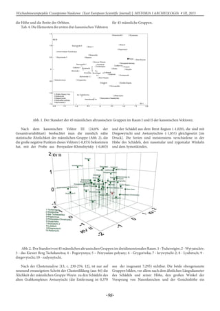 -98-
Wschodnioeuropejskie Czasopismo Naukowe (East European Scientific Journal) | HISTORIA I ARCHEOLOGIA # IІІ, 2015
die Höhe und die Breite der Orbiten.
Тab. 4. Die Elementen der ersten drei kanonischen Vektoren
für 45 männliche Gruppen.
Abb. 1. Der Standort der 45 männlichen altrussischen Gruppen im Raum I und II der kanonischen Vektoren.
Nach dem kanonischen Vektor III (24,6% der
Gesamtvariabilitaet) beobachtet man die ziemlich nähe
statistische Ähnlichkeit der männlichen Gruppe (Abb. 2), die
die große negative Punkten dieses Vektors (-0,855) bekommen
hat, mit der Probe aus Pereyaslaw-Khmelnytsky (-0,803)
und der Schädel aus dem Brest Region (-1,020), die sind mit
Dregowytschi und Awtunytschiw (-1,055) gleichgesetzt [im
Druck]. Die Serien sind meistenstens verschiedene in der
Höhe des Schädels, den nasomalar und zygomalar Winkeln
und dem Symotikindex.
Abb.2. DerStandortvon45männlichenaltrussischenGruppenimdreidimensionalenRaum.1-Tschernigiw;2-Wytyatschiv;
3 - das Kiewer Berg Tschekawitsa; 4 - Pogorynnya; 5 – Pereyaslaw polyany; 6 - Grygoriwka; 7 - krywytschi-2; 8 - Lyubetsch; 9 -
dregovytschi; 10 - radymytschi.
Nach der Clusteranalyse [13, с. 230-276; 12], ist nur auf
neunund zwanzigstem Schritt der Clusterdildung (aus 46) die
Älichkeit der männlichen Gruppe Woyin zu den Schädeln des
alten Grabkomplexes Awtunytschi (die Entfernung ist 0,370
aus der insgesamt 7,295) sichtbar. Die beide obengenannte
Gruppen bilden, vor allem nach dem ähnlichen Längsdiameter
des Schädels und seiner Höhe, den großen Winkel der
Vorsprung von Nasenknochen und der Gesichtshöhe ein
 