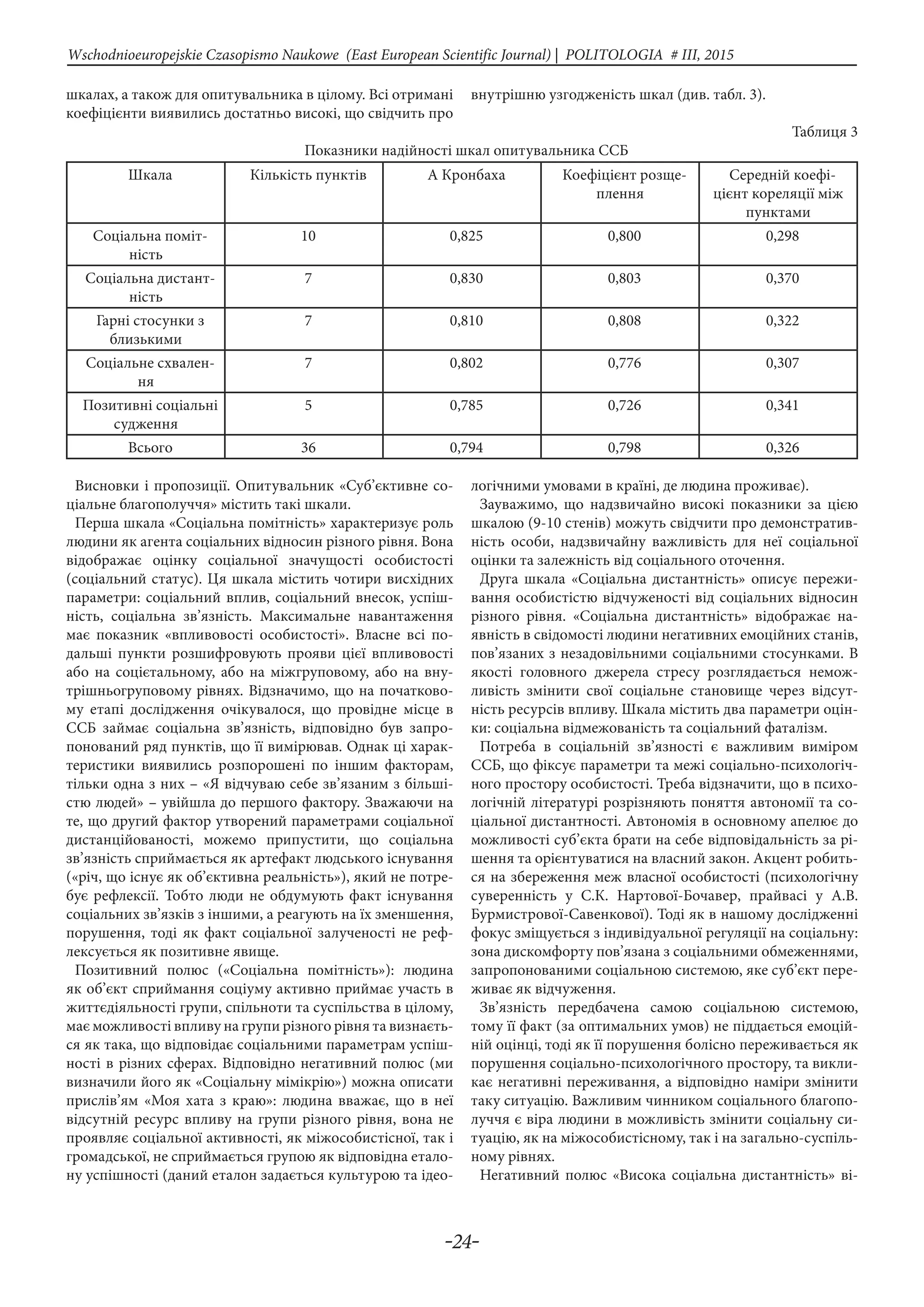 -24-
Wschodnioeuropejskie Czasopismo Naukowe (East European Scientific Journal) | POLITOLOGIA # IІІ, 2015
шкалах, а також для опитувальника в цілому. Всі отримані
коефіцієнти виявились достатньо високі, що свідчить про
внутрішню узгодженість шкал (див. табл. 3).
Таблиця 3
Показники надійності шкал опитувальника ССБ
Шкала Кількість пунктів Α Кронбаха Коефіцієнт розще-
плення
Середній коефі-
цієнт кореляції між
пунктами
Соціальна поміт-
ність
10 0,825 0,800 0,298
Соціальна дистант-
ність
7 0,830 0,803 0,370
Гарні стосунки з
близькими
7 0,810 0,808 0,322
Соціальне схвален-
ня
7 0,802 0,776 0,307
Позитивні соціальні
судження
5 0,785 0,726 0,341
Всього 36 0,794 0,798 0,326
Висновки і пропозиції. Опитувальник «Суб’єктивне со-
ціальне благополуччя» містить такі шкали.
Перша шкала «Соціальна помітність» характеризує роль
людини як агента соціальних відносин різного рівня. Вона
відображає оцінку соціальної значущості особистості
(соціальний статус). Ця шкала містить чотири висхідних
параметри: соціальний вплив, соціальний внесок, успіш-
ність, соціальна зв’язність. Максимальне навантаження
має показник «впливовості особистості». Власне всі по-
дальші пункти розшифровують прояви цієї впливовості
або на соцієтальному, або на міжгруповому, або на вну-
трішньогруповому рівнях. Відзначимо, що на початково-
му етапі дослідження очікувалося, що провідне місце в
ССБ займає соціальна зв’язність, відповідно був запро-
понований ряд пунктів, що її вимірював. Однак ці харак-
теристики виявились розпорошені по іншим факторам,
тільки одна з них – «Я відчуваю себе зв’язаним з більші-
стю людей» – увійшла до першого фактору. Зважаючи на
те, що другий фактор утворений параметрами соціальної
дистанційованості, можемо припустити, що соціальна
зв’язність сприймається як артефакт людського існування
(«річ, що існує як об’єктивна реальність»), який не потре-
бує рефлексії. Тобто люди не обдумують факт існування
соціальних зв’язків з іншими, а реагують на їх зменшення,
порушення, тоді як факт соціальної залученості не реф-
лексується як позитивне явище.
Позитивний полюс («Соціальна помітність»): людина
як об’єкт сприймання соціуму активно приймає участь в
життєдіяльності групи, спільноти та суспільства в цілому,
має можливості впливу на групи різного рівня та визнаєть-
ся як така, що відповідає соціальними параметрам успіш-
ності в різних сферах. Відповідно негативний полюс (ми
визначили його як «Соціальну мімікрію») можна описати
прислів’ям «Моя хата з краю»: людина вважає, що в неї
відсутній ресурс впливу на групи різного рівня, вона не
проявляє соціальної активності, як міжособистісної, так і
громадської, не сприймається групою як відповідна етало-
ну успішності (даний еталон задається культурою та ідео-
логічними умовами в країні, де людина проживає).
Зауважимо, що надзвичайно високі показники за цією
шкалою (9-10 стенів) можуть свідчити про демонстратив-
ність особи, надзвичайну важливість для неї соціальної
оцінки та залежність від соціального оточення.
Друга шкала «Соціальна дистантність» описує пережи-
вання особистістю відчуженості від соціальних відносин
різного рівня. «Соціальна дистантність» відображає на-
явність в свідомості людини негативних емоційних станів,
пов’язаних з незадовільними соціальними стосунками. В
якості головного джерела стресу розглядається немож-
ливість змінити свої соціальне становище через відсут-
ність ресурсів впливу. Шкала містить два параметри оцін-
ки: соціальна відмежованість та соціальний фаталізм.
Потреба в соціальній зв’язності є важливим виміром
ССБ, що фіксує параметри та межі соціально-психологіч-
ного простору особистості. Треба відзначити, що в психо-
логічній літературі розрізняють поняття автономії та со-
ціальної дистантності. Автономія в основному апелює до
можливості суб’єкта брати на себе відповідальність за рі-
шення та орієнтуватися на власний закон. Акцент робить-
ся на збереження меж власної особистості (психологічну
суверенність у С.К. Нартової-Бочавер, прайвасі у А.В.
Бурмистрової-Савенкової). Тоді як в нашому дослідженні
фокус зміщується з індивідуальної регуляції на соціальну:
зона дискомфорту пов’язана з соціальними обмеженнями,
запропонованими соціальною системою, яке суб’єкт пере-
живає як відчуження.
Зв’язність передбачена самою соціальною системою,
тому її факт (за оптимальних умов) не піддається емоцій-
ній оцінці, тоді як її порушення болісно переживається як
порушення соціально-психологічного простору, та викли-
кає негативні переживання, а відповідно наміри змінити
таку ситуацію. Важливим чинником соціального благопо-
луччя є віра людини в можливість змінити соціальну си-
туацію, як на міжособистісному, так і на загально-суспіль-
ному рівнях.
Негативний полюс «Висока соціальна дистантність» ві-
 