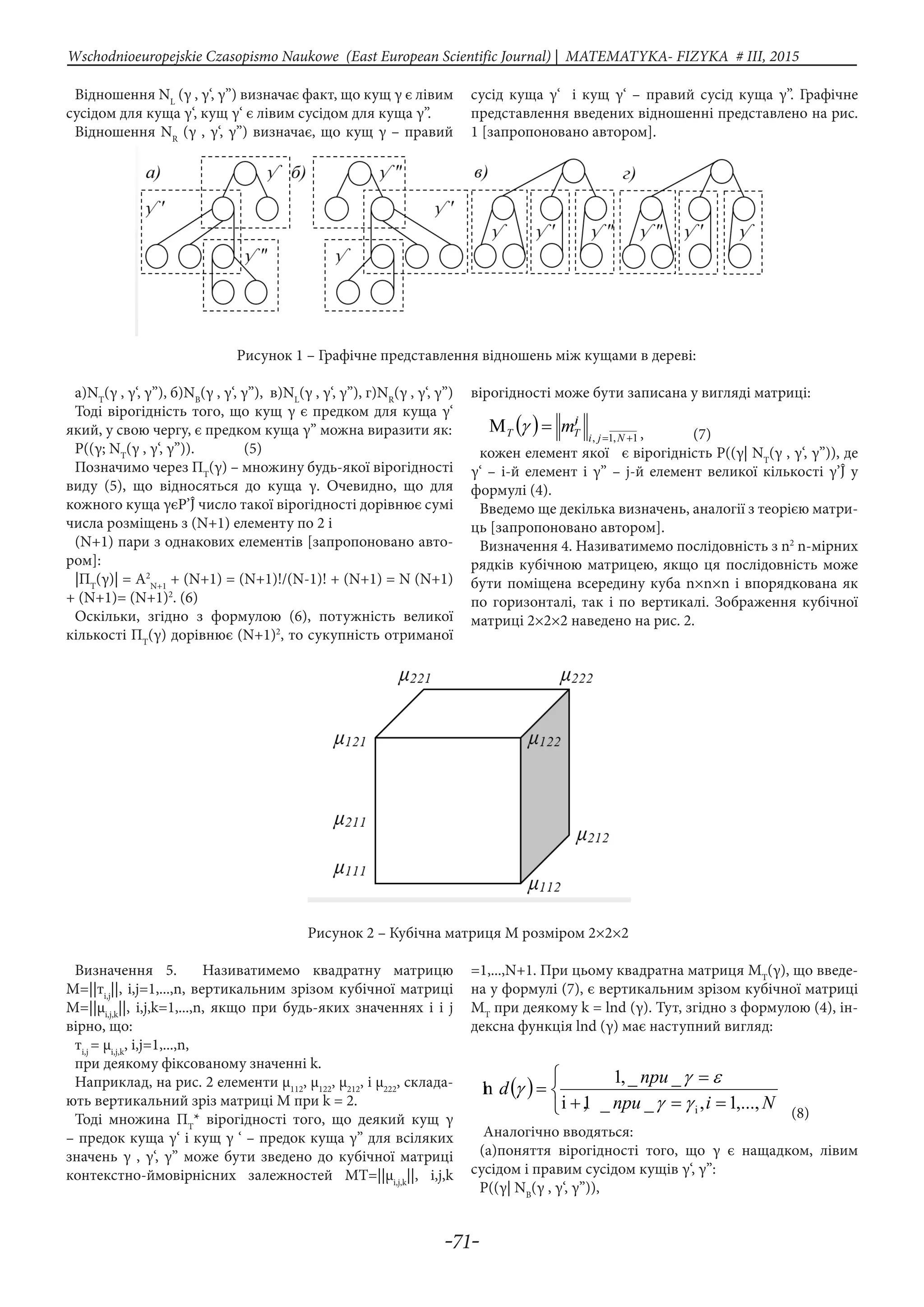 -71-
Wschodnioeuropejskie Czasopismo Naukowe (East European Scientific Journal) | MATEMATYKA- FIZYKA # IІІ, 2015
Відношення NL
(γ , γ‘, γ’’) визначає факт, що кущ γ є лівим
сусідом для куща γ‘, кущ γ‘ є лівим сусідом для куща γ’’.
Відношення NR
(γ , γ‘, γ’’) визначає, що кущ γ – правий
сусід куща γ‘ і кущ γ‘ – правий сусід куща γ’’. Графічне
представлення введених відношенні представлено на рис.
1 [запропоновано автором].
Рисунок 1 – Графічне представлення відношень між кущами в дереві:
а)NТ
(γ , γ‘, γ’’), б)NB
(γ , γ‘, γ’’), в)NL
(γ , γ‘, γ’’), г)NR
(γ , γ‘, γ’’)
Тоді вірогідність того, що кущ γ є предком для куща γ‘
який, у свою чергу, є предком куща γ’’ можна виразити як:
P((γ; NT
(γ , γ‘, γ’’)). (5)
Позначимо через ПT
(γ) – множину будь-якої вірогідності
виду (5), що відносяться до куща γ. Очевидно, що для
кожного куща γєP’Ĵ число такої вірогідності дорівнює сумі
числа розміщень з (N+1) елементу по 2 і
(N+1) пари з однакових елементів [запропоновано авто-
ром]:
|ПT
(γ)| = А2
N+1
+ (N+1) = (N+1)!/(N-1)! + (N+1) = N (N+1)
+ (N+1)= (N+1)2
. (6)
Оскільки, згідно з формулою (6), потужність великої
кількості ПT
(γ) дорівнює (N+1)2
, то сукупність отриманої
вірогідності може бути записана у вигляді матриці:
( ) 1,1, +=
=Μ
Nji
ij
TT mγ , (7)
кожен елемент якої є вірогідність P((γ| NT
(γ , γ‘, γ’’)), де
γ‘ – i-й елемент і γ’’ – j-й елемент великої кількості γ’Ĵ у
формулі (4).
Введемо ще декілька визначень, аналогії з теорією матри-
ць [запропоновано автором].
Визначення 4. Називатимемо послідовність з n2
n-мірних
рядків кубічною матрицею, якщо ця послідовність може
бути поміщена всередину куба n×n×n і впорядкована як
по горизонталі, так і по вертикалі. Зображення кубічної
матриці 2×2×2 наведено на рис. 2.
Рисунок 2 – Кубічна матриця М розміром 2×2×2
Визначення 5. Називатимемо квадратну матрицю
М=||тi,j
||, i,j=1,...,n, вертикальним зрізом кубічної матриці
М=||μi,j,k
||, i,j,k=1,...,n, якщо при будь-яких значеннях і і j
вірно, що:
тi,j
= μi,j,k
, i,j=1,...,n,
при деякому фіксованому значенні k.
Наприклад, на рис. 2 елементи μ112
, μ122
, μ212
, і μ222
, склада-
ють вертикальний зріз матриці М при k = 2.
Тоді множина ПT
* вірогідності того, що деякий кущ γ
– предок куща γ‘ і кущ γ ‘ – предок куща γ’’ для всіляких
значень γ , γ‘, γ’’ може бути зведено до кубічної матриці
контекстно-ймовірнісних залежностей МT=||μi,j,k
||, i,j,k
=1,...,N+1. При цьому квадратна матриця МT
(γ), що введе-
на у формулі (7), є вертикальним зрізом кубічної матриці
МT
при деякому k = lnd (γ). Тут, згідно з формулою (4), ін-
дексна функція lnd (γ) має наступний вигляд:
( )



==+
=
=
Ninpu
npu
d
,...,1,__1,i
__,1
ln
iγγ
εγ
γ
(8)
Аналогічно вводяться:
(a)поняття вірогідності того, що γ є нащадком, лівим
сусідом і правим сусідом кущів γ‘, γ’’:
P((γ| NB
(γ , γ‘, γ’’)),
 