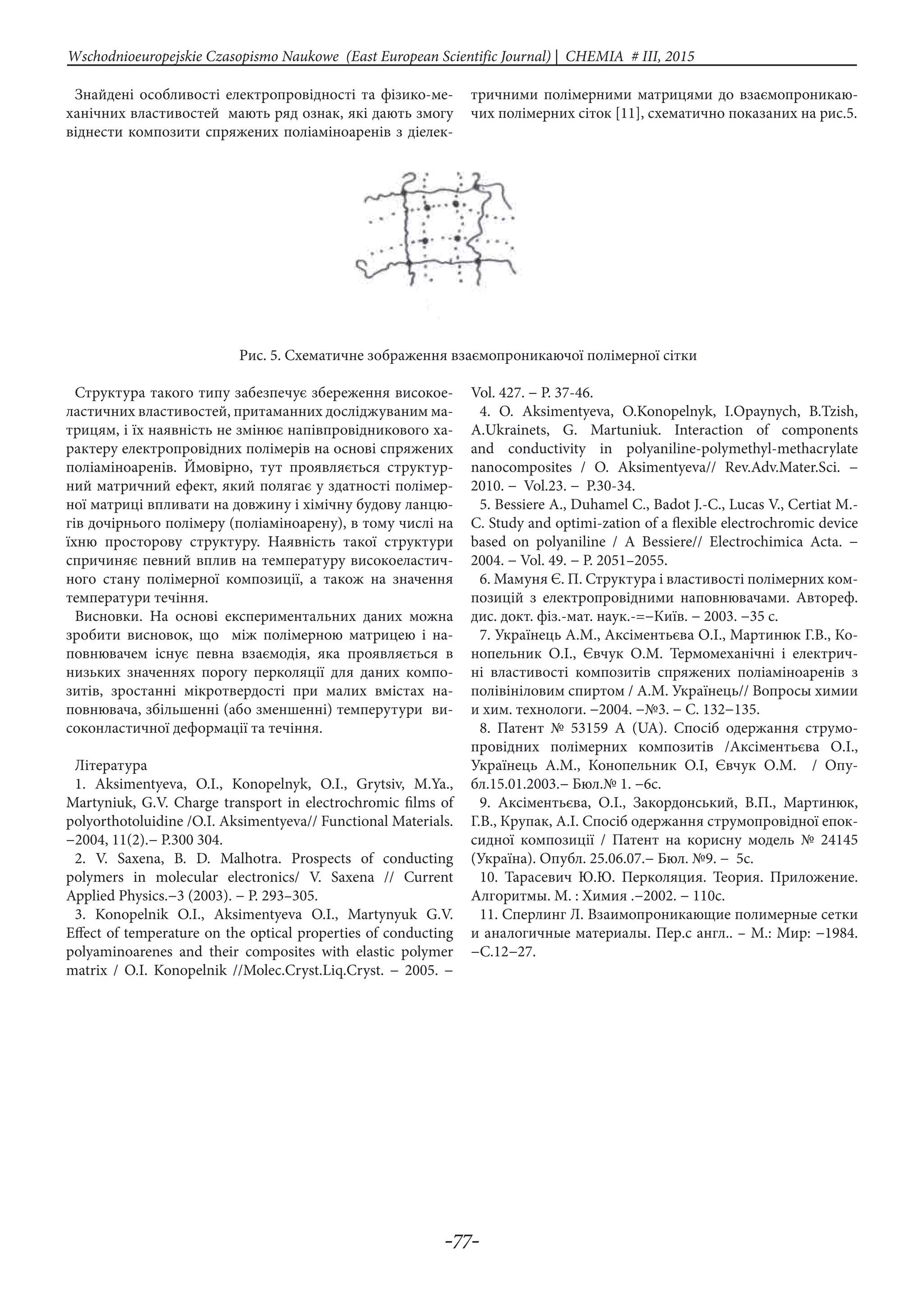 -77-
Wschodnioeuropejskie Czasopismo Naukowe (East European Scientific Journal) | CHEMIA # IІІ, 2015
Знайдені особливості електропровідності та фізико-ме-
ханічних властивостей мають ряд ознак, які дають змогу
віднести композити спряжених поліаміноаренів з діелек-
тричними полімерними матрицями до взаємопроникаю-
чих полімерних сіток [11], схематично показаних на рис.5.
Рис. 5. Схематичне зображення взаємопроникаючої полімерної сітки
Структура такого типу забезпечує збереження високое-
ластичних властивостей, притаманних досліджуваним ма-
трицям, і їх наявність не змінює напівпровідникового ха-
рактеру електропровідних полімерів на основі спряжених
поліаміноаренів. Ймовірно, тут проявляється структур-
ний матричний ефект, який полягає у здатності полімер-
ної матриці впливати на довжину і хімічну будову ланцю-
гів дочірнього полімеру (поліаміноарену), в тому числі на
їхню просторову структуру. Наявність такої структури
спричиняє певний вплив на температуру високоеластич-
ного стану полімерної композиції, а також на значення
температури течіння.
Висновки. На основі експериментальних даних можна
зробити висновок, що між полімерною матрицею і на-
повнювачем існує певна взаємодія, яка проявляється в
низьких значеннях порогу перколяції для даних компо-
зитів, зростанні мікротвердості при малих вмістах на-
повнювача, збільшенні (або зменшенні) темперутури ви-
соконластичної деформації та течіння.
Література
1. Aksimentyeva, O.I., Konopelnyk, O.I., Grytsiv, M.Ya.,
Martyniuk, G.V. Charge transport in electrochromic films of
polyorthotoluidine /O.I. Aksimentyeva// Functional Materials.
−2004, 11(2).− Р.300 304.
2. V. Saxena, B. D. Malhotra. Prospects of conducting
polymers in molecular electronics/ V. Saxena // Current
Applied Physics.−3 (2003). − Р. 293–305.
3. Konopelnik O.I., Aksimentyeva O.I., Martynyuk G.V.
Effect of temperature on the optical properties of conducting
polyaminoarenes and their composites with elastic polymer
matrix / O.I. Konopelnik //Molec.Cryst.Liq.Cryst. − 2005. −
Vol. 427. − P. 37-46.
4. O. Aksimentyeva, O.Konopelnyk, I.Opaynych, B.Tzish,
A.Ukrainets, G. Martuniuk. Interaction of components
and conductivity in polyaniline-polymethyl-methacrylate
nanocomposites / O. Aksimentyeva// Rev.Adv.Mater.Sci. −
2010. − Vol.23. − P.30-34.
5. Bessiere A., Duhamel C., Badot J.-C., Lucas V., Certiat M.-
C. Study and optimi-zation of a flexible electrochromic device
based on polyaniline / A Bessiere// Electrochimica Acta. −
2004. − Vol. 49. − P. 2051–2055.
6. Мамуня Є. П. Структура і властивості полімерних ком-
позицій з електропровідними наповнювачами. Автореф.
дис. докт. фіз.-мат. наук.-=−Київ. − 2003. −35 с.
7. Українець А.М., Аксіментьєва О.І., Мартинюк Г.В., Ко-
нопельник О.І., Євчук О.М. Термомеханічні і електрич-
ні властивості композитів спряжених поліаміноаренів з
полівініловим спиртом / А.М. Українець// Вопросы химии
и хим. технологи. −2004. −№3. − С. 132−135.
8. Патент № 53159 А (UA). Спосіб одержання струмо-
провідних полімерних композитів /Аксіментьєва О.І.,
Українець А.М., Конопельник O.І, Євчук О.М. / Опу-
бл.15.01.2003.− Бюл.№ 1. −6с.
9. Аксіментьєва, О.І., Закордонський, В.П., Мартинюк,
Г.В., Крупак, А.І. Спосіб одержання струмопровідної епок-
сидної композиції / Патент на корисну модель № 24145
(Україна). Опубл. 25.06.07.− Бюл. №9. − 5с.
10. Тарасевич Ю.Ю. Перколяция. Теория. Приложение.
Алгоритмы. М. : Химия .−2002. − 110с.
11. Сперлинг Л. Взаимопроникающие полимерные сетки
и аналогичные материалы. Пер.с англ.. – М.: Мир: −1984.
−C.12−27.
 