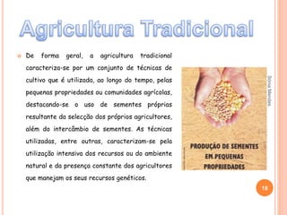  De forma geral, a agricultura tradicional
caracteriza-se por um conjunto de técnicas de
cultivo que é utilizada, ao longo do tempo, pelas
pequenas propriedades ou comunidades agrícolas,
destacando-se o uso de sementes próprias
resultante da selecção dos próprios agricultores,
além do intercâmbio de sementes. As técnicas
utilizadas, entre outras, caracterizam-se pela
utilização intensiva dos recursos ou do ambiente
natural e da presença constante dos agricultores
que manejam os seus recursos genéticos.
18
SóniaMendes
 