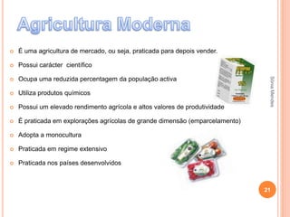  É uma agricultura de mercado, ou seja, praticada para depois vender.
 Possui carácter científico
 Ocupa uma reduzida percentagem da população activa
 Utiliza produtos químicos
 Possui um elevado rendimento agrícola e altos valores de produtividade
 É praticada em explorações agrícolas de grande dimensão (emparcelamento)
 Adopta a monocultura
 Praticada em regime extensivo
 Praticada nos países desenvolvidos
21
SóniaMendes
 