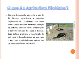  Sistema de produção que exclui o uso de
fertilizantes, agrotóxicos e produtos
reguladores de crescimento, tem como
base o uso de estercos de animais, rotação
de culturas, adubação verde, compostagem
e controlo biológico de pragas e doenças.
Esse sistema pressupõe a manutenção da
estrutura e da profundidade do solo, sem
alterar suas propriedades por meio do uso
de produtos químicos e sintéticos.
3
SóniaMendes
 