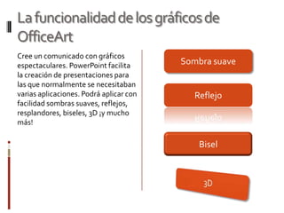 La funcionalidad de los gráficos de
OfficeArt
Cree un comunicado con gráficos
espectaculares. PowerPoint facilita
la creación de presentaciones para
las que normalmente se necesitaban
varias aplicaciones. Podrá aplicar con
facilidad sombras suaves, reflejos,
resplandores, biseles, 3D ¡y mucho
más!

Sombra suave

Reflejo

Bisel

 