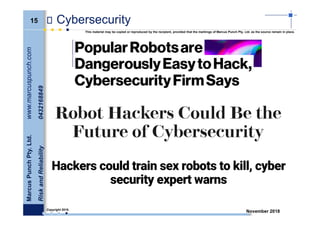 15
MarcusPunchPty.Ltd.www.marcuspunch.com
RiskandReliability0432168849
Copyright 2018.
This material may be copied or reproduced by the recipient, provided that the markings of Marcus Punch Pty. Ltd. as the source remain in place.
November 2018
Cybersecurity
 