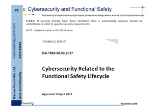 22
MarcusPunchPty.Ltd.www.marcuspunch.com
RiskandReliability0432168849
Copyright 2018.
This material may be copied or reproduced by the recipient, provided that the markings of Marcus Punch Pty. Ltd. as the source remain in place.
November 2018
Cybersecurity and Functional Safety
 