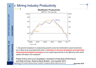 November 2018
3
MarcusPunchPty.Ltd.www.marcuspunch.com
RiskandReliability0432168849
Copyright 2014. FAST Functions Allocations Systems Traceability® is a registered trademark of Marcus Punch Pty. Ltd.
Mining Industry Productivity
“…the general slowdown in productivity growth cannot be attributed to weak investment, 
but is likely to be associated with either a slowdown in the pace of adoption of productivity‐
enhancing technological innovations or less rapid improvement in the efficiency with which 
capital and labour are employed”.
Patrick D’Arcy and Linus Gustafsson, Australia’s Productivity Performance
and Real Incomes, Reserve Bank Bulletin, June Quarter 2012.
 