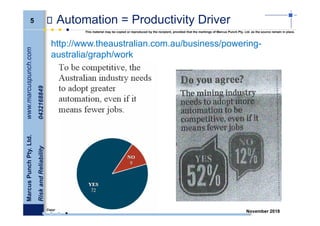 5
MarcusPunchPty.Ltd.www.marcuspunch.com
RiskandReliability0432168849
Copyright 2018.
This material may be copied or reproduced by the recipient, provided that the markings of Marcus Punch Pty. Ltd. as the source remain in place.
November 2018
Automation = Productivity Driver
http://www.theaustralian.com.au/business/powering-
australia/graph/work
 