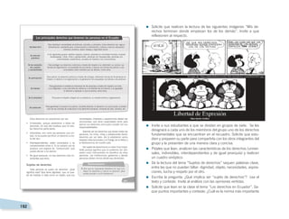192
=	Solicite que realicen la lectura de las siguientes imágenes “Mis de-
rechos terminan donde empiezan los de los demás”. Invite a que
reflexionen al respecto.
=	Invite a sus estudiantes a que se dividan en grupos de siete. Se les
designará a cada uno de los miembros del grupo uno de los derechos
fundamentales que se encuentran en el recuadro. Solicite que estu-
dien y preparen su parte para compartirla con los otros integrantes del
grupo y la presenten de una manera clara y concisa.
=	Pídales que lean, analicen las características de los derechos (univer-
sales, indivisibles, interdependientes y de igual jerarquía) y realicen
un cuadro sinóptico.
=	De la lectura del tema “Sujetos de derechos” saquen palabras clave,
entre las que no pueden faltar: dignidad, objeto, necesidades, aspira-
ciones, lucha y respeto por el otro.
=	Escriba la pregunta: ¿Qué implica ser “sujeto de derechos”? Lea el
texto y conteste. Invite al análisis con las opiniones vertidas.
=	Solicite que lean en la clase el tema “Los derechos en Ecuador”. Sa-
que puntos importantes y conteste: ¿Cuál es la norma más importante
 