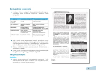   93
Construcción del conocimiento
=	Introduzca el tema y explique la diferencia entre colonialismo y neo-
colonialismo. Revise el cuadro de la página 87 y elabore un cuadro
comparativo:
=	Invite a dibujar un tren: la máquina es el dinero, el conductor el capi-
talista, el humo los productos, en cada vagón escriban las caracterís-
ticas del imperialismo (página 87) y llénenlos con la interpretación de
cada una. Concluya: todo el dibujo representa el imperialismo.
=	Pida que sinteticen en cuatro pasos la evolución de las empresas a
monopolios o “carteles”.
=	Cuente que las corporaciones imperiales necesitaron estabilidad polí-
tica: ¿cómo la conseguían?, ¿qué industria progresó?
Inteligencias múltiples
Lingüística
=	Luego de leer el recuadro de “América para los americanos” e inter-
pretar la política de “El destino manifiesto”, cree una política opuesta,
que proteja los intereses latinoamericanos.
Criterios
Área principal
de dominio
Fase del capitalismo
Patrocinadores
Objetivos económicos
Justificación ideológica
África, Asia y Oceanía
Capital financiero-monopolista
industrial
Burguesía financiera-industrial
de Estados de Europa, EE. UU. y Japón
Reserva de mercado para
producción industrial.
Abastecimiento de materia prima.
Misión civilizadora para expandir
el progreso técnico-científico
América
Capitalismo mercantilista
comercial
Burguesía comercial
de España y Portugal
Ampliar mercados
consumidores y explotación
de materias primas
Evangelización cristiana
Colonialismo del siglo XVI Neocolonialismo del siglo XIX
 