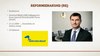 REFORMIERAKOND (RE)REFORMIERAKOND (RE)
• Koalitsioon
• Asutatud 08.03.1990 Tallinnas kui
Eesti Liberaal-Demokraatlik Partei
(ELDP)
• 21.11.2004 - ... Esimeheks on
Andrus Ansip
• 33 liikmeid
 