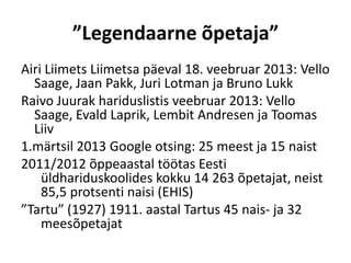 ”Legendaarne õpetaja”
Airi Liimets Liimetsa päeval 18. veebruar 2013: Vello
  Saage, Jaan Pakk, Juri Lotman ja Bruno Lukk
Raivo Juurak hariduslistis veebruar 2013: Vello
  Saage, Evald Laprik, Lembit Andresen ja Toomas
  Liiv
1.märtsil 2013 Google otsing: 25 meest ja 15 naist
2011/2012 õppeaastal töötas Eesti
    üldhariduskoolides kokku 14 263 õpetajat, neist
    85,5 protsenti naisi (EHIS)
”Tartu” (1927) 1911. aastal Tartus 45 nais- ja 32
    meesõpetajat
 