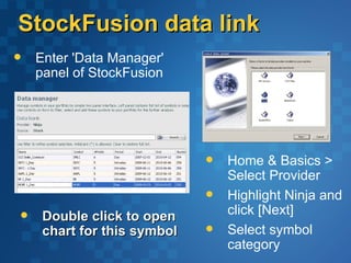 StockFusion data link
   Enter 'Data Manager'
    panel of StockFusion




                                Home & Basics >
                                 Select Provider
                                Highlight Ninja and
    Double click to open        click [Next]
     chart for this symbol      Select symbol
                                 category
 