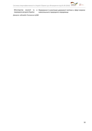 Система енергоефективності в Україні (Проект до обговорення від 01.09.2018)
18
Міністерство екології та
природних ресурсів України
• Формування та реалізація державної політики у сфері охорони
навколишнього природного середовища
Джерело: відповідні Положення ЦОВВ
 