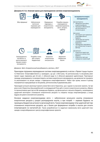 Система енергоефективності в Україні (Проект до обговорення від 01.09.2018)
46
Діаграма 4.7.11. Ключові кроки для впровадження системи енергоменеджменту
Джерело: Звіт «Енергетичний менеджмент у містах», 2017
Прикладом підтримки впровадження системи енергоменджменту в містах є Проект Урядів України
та Німеччини «Енергоефективність у громадах», що діє з 2013 року. На регіональному та місцевому рівні
проект надає підтримку для 16 міст, 1 обласної ради та 1 обласної державної адміністрації. Партнерські
громади запроваджують та використовують системи енергетичного менеджменту, що дозволяє їм планувати
та реалізовувати на місцях заходи з підвищення енергоефективності. Набуті при цьому знання й досвід
поширюються серед фахівців на місцевому, регіональному й державному рівні.
Прикладом успішної реалізації проекту може бути місто Коростень, що є одним із учасників проекту. За три
роки в місті Коростень був розроблений та затверджений План дій зі сталого енергетичного розвитку, зібрано
та проаналізовано дані про всі 86 громадських будівель, що фінансуються з міського бюджету, запроваджено
щоденний моніторинг споживання енергетичних ресурсів та створена посада енергоменджера у складі
відділу місцевого економічного розвитку.
Основне завдання енергоменеджера міста — забезпечення загального аналізу споживання
енергетичних ресурсів у розрізі розпорядників коштів, а при потребі — окремих будівель чи
приміщень бюджетних установ та організацій міста. Також енергоменеджер готує щорічний звіт про
споживання енергетичних ресурсів, що є базою для формування потреби в коштах для оплати
енергоресурсів на наступний рік. Також розробляється та надається керівництву міста щорічний план
заходів з енергозбереження і реєстр енергоефективних проектів.
 