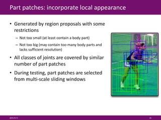 Part patches: incorporate local appearance
• Generated by region proposals with some
restrictions
– Not too small (at least contain a body part)
– Not too big (may contain too many body parts and
lacks sufficient resolution)
• All classes of joints are covered by similar
number of part patches
• During testing, part patches are selected
from multi-scale sliding windows
2015/9/11 25
 