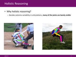 Holistic Reasoning
2015/9/11 9
• Why holistic reasoning?
– Besides extreme variability in articulations, many of the joints are barely visible
 
