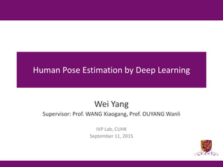 Human Pose Estimation by Deep Learning
Wei Yang
Supervisor: Prof. WANG Xiaogang, Prof. OUYANG Wanli
IVP Lab, CUHK
September 11, 2015
 