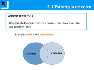 2. L’Estratègia de cerca
Operador booleà NOT (-)
Recupera els documents que contenen un terme però exclou tots els
que contenen l’altre
Exemple: vehicles elèctrics NOT motocicletes
Vehicles
elèctrics
motocicletes
 