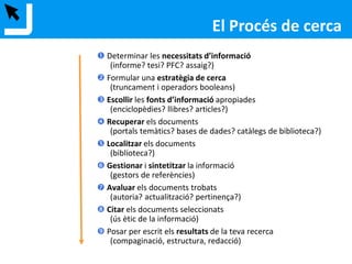El Procés de cerca
 Determinar les necessitats d’informació
(informe? tesi? PFC? assaig?)
 Formular una estratègia de cerca
(truncament i operadors booleans)
 Escollir les fonts d’informació apropiades
(enciclopèdies? llibres? articles?)
 Recuperar els documents
(portals temàtics? bases de dades? catàlegs de biblioteca?)
 Localitzar els documents
(biblioteca?)
 Gestionar i sintetitzar la informació
(gestors de referències)
 Avaluar els documents trobats
(autoria? actualització? pertinença?)
 Citar els documents seleccionats
(ús ètic de la informació)
 Posar per escrit els resultats de la teva recerca
(compaginació, estructura, redacció)
 