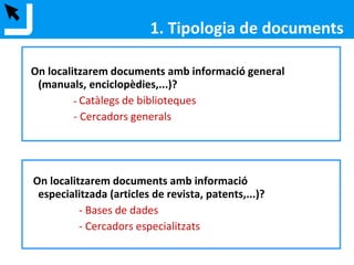 On localitzarem documents amb informació general
(manuals, enciclopèdies,...)?
- Catàlegs de biblioteques
- Cercadors generals
On localitzarem documents amb informació
especialitzada (articles de revista, patents,...)?
- Bases de dades
- Cercadors especialitzats
1. Tipologia de documents
 