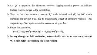 10
 As ‘Q’ is negative, the alternator receives lagging reactive power or delivers
leading reactive power to the infinite bus.
 Now, in this case armature current ‘Ia’ leads induced emf (E) by 900 which
increases the air-gap flux, due to magnetizing effect of armature reaction. This
magnetizing effect again maintains a constant air-gap flux.
 Under this condition,
 So any change in field excitation, automatically sets in an armature current
‘Ia’ which helps in regaining the synchronism.
0 0
( 90 ) 0 ( 90 )a a aP VI cos and Q VI sin VI      
 