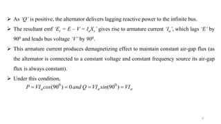 8
 As ‘Q’ is positive, the alternator delivers lagging reactive power to the infinite bus.
 The resultant emf ‘Er = E – V = IaXs’ gives rise to armature current ‘Ia’, which lags ‘E’ by
900 and leads bus voltage ‘V’ by 900.
 This armature current produces demagnetizing effect to maintain constant air-gap flux (as
the alternator is connected to a constant voltage and constant frequency source its air-gap
flux is always constant).
 Under this condition,
0 0
(90 ) 0 (90 )a a aP VI cos and Q VI sin VI   
 