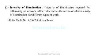 (1) Intensity of illumination : Intensity of illumination required for
different types of work differ. Table shows the recommended intensity
of illumination for different types of work.
•Refer Table No: 4,5,6,7,8 of handbook
Downloaded from Ktunotes.in
 